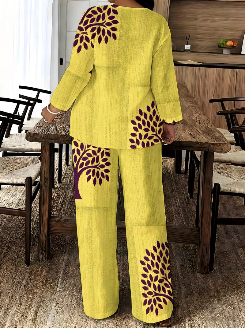 Women's Ethnic Leaf Print Boho Co-Ord Set – Long Sleeve Top & Wide-Leg Pants (2-Piece)