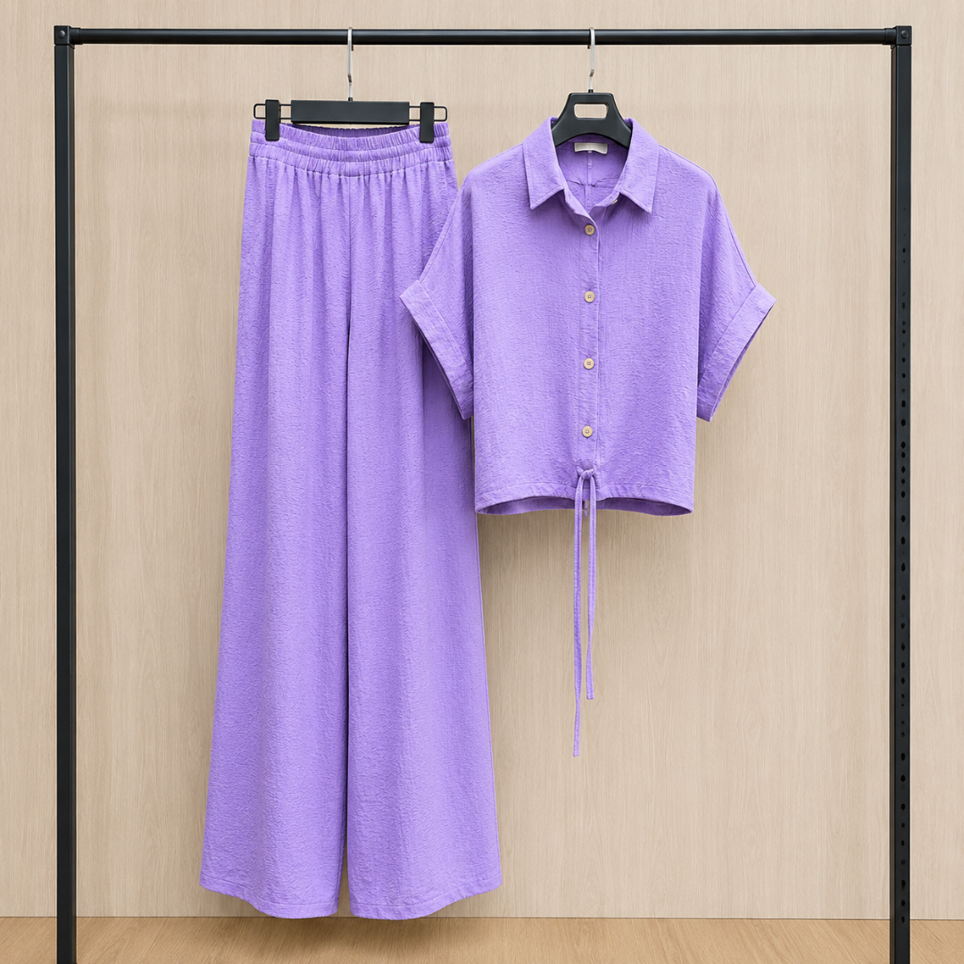 Women's Solid Button-Down Crop Shirt & Wide Leg Pants Co-Ord Set