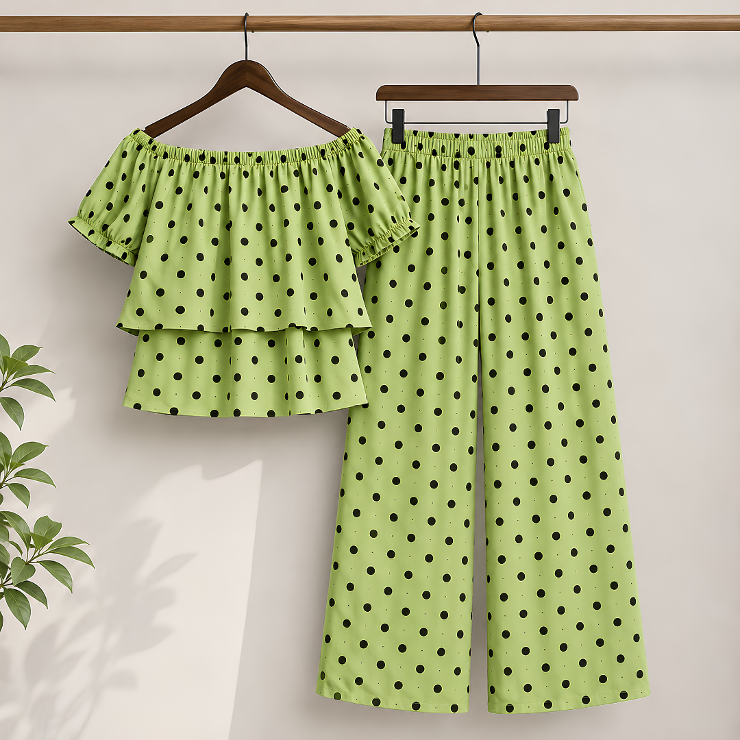Women's Off-Shoulder Polka Dot Ruffle Top & Wide Leg Pants Co-Ord Set