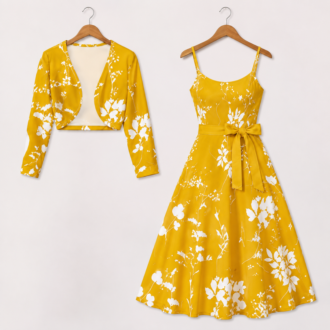 Women's Floral Printed Party Wear Midi Dress with Matching Shrug