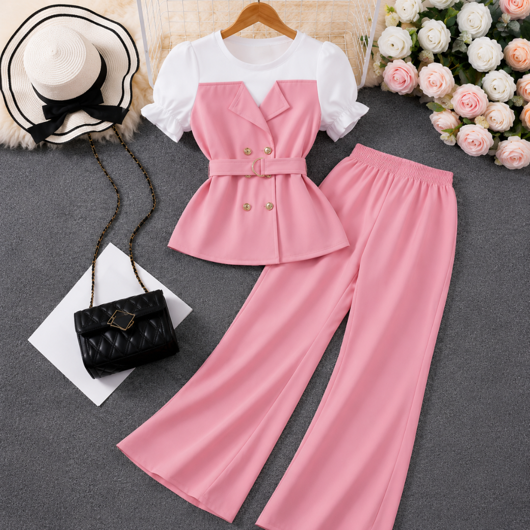 Women's Elegant Puff Sleeve Belted Blazer Top & Wide Leg Pants Co-Ord Set