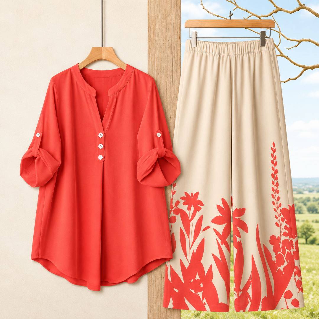 Women's Minimalist Button-Front Tunic Top & Floral Print Wide Leg Pants Co-Ord Set