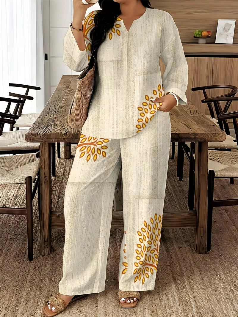 Women's Ethnic Leaf Print Boho Co-Ord Set – Long Sleeve Top & Wide-Leg Pants (2-Piece)