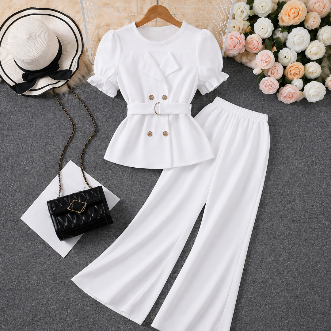 Women's Elegant Puff Sleeve Belted Blazer Top & Wide Leg Pants Co-Ord Set