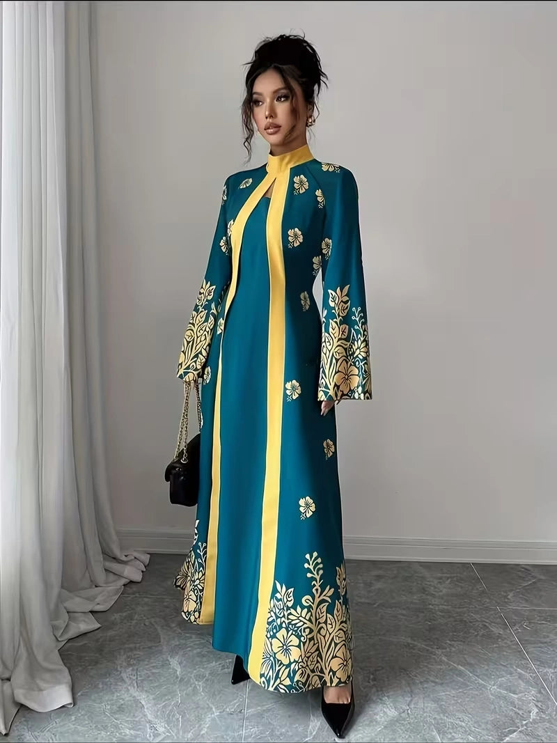 Women's Elegant Floral Print Maxi Dress | Long Sleeve A-Line Party & Evening Dress