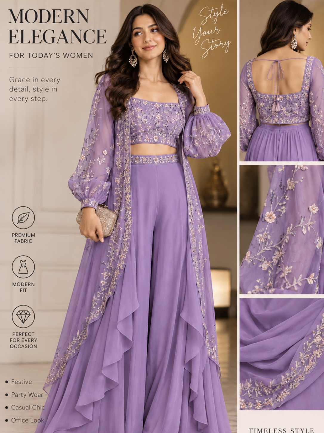 Ivory Luxe Embroidered Cape Palazzo Set | Modern 3-Piece Partywear