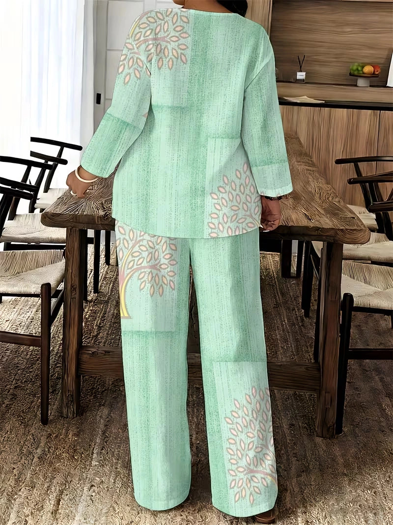 Women's Ethnic Leaf Print Boho Co-Ord Set – Long Sleeve Top & Wide-Leg Pants (2-Piece)