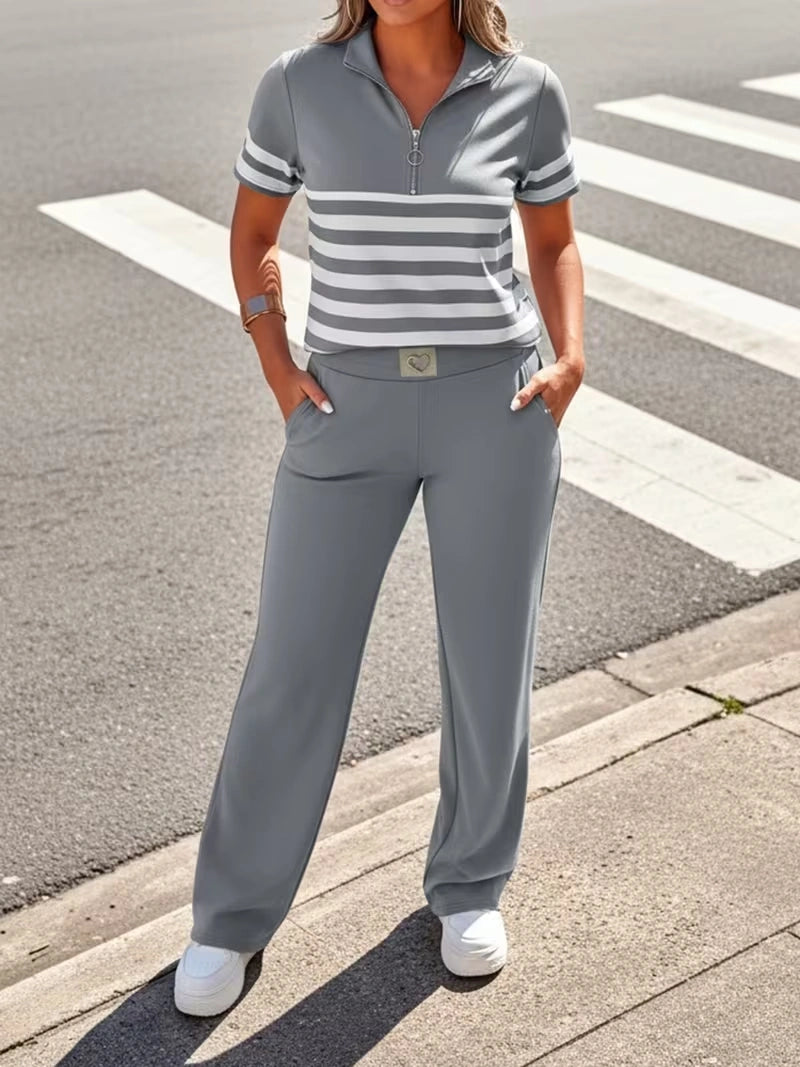Women's Summer Striped Casual Co-Ord Set | Half-Zip Polo Top & Wide-Leg Pants 2-Piece Outfit