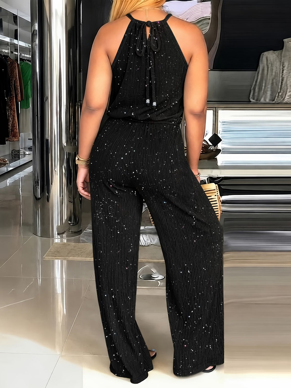 Women’s Black Sequin Jumpsuit with Halter Neck & Wide-Leg Pants