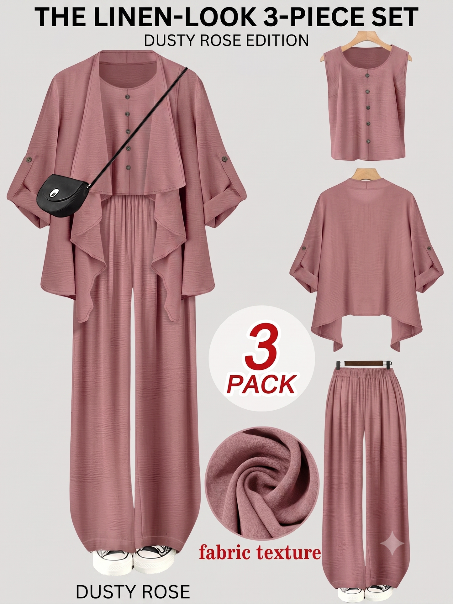Elegant 3-Piece Co-Ord Set – Cardigan Jacket, Sleeveless Top & Relaxed Pants
