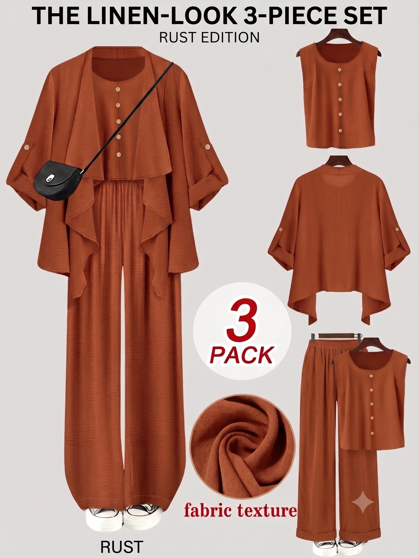 Elegant 3-Piece Co-Ord Set – Cardigan Jacket, Sleeveless Top & Relaxed Pants
