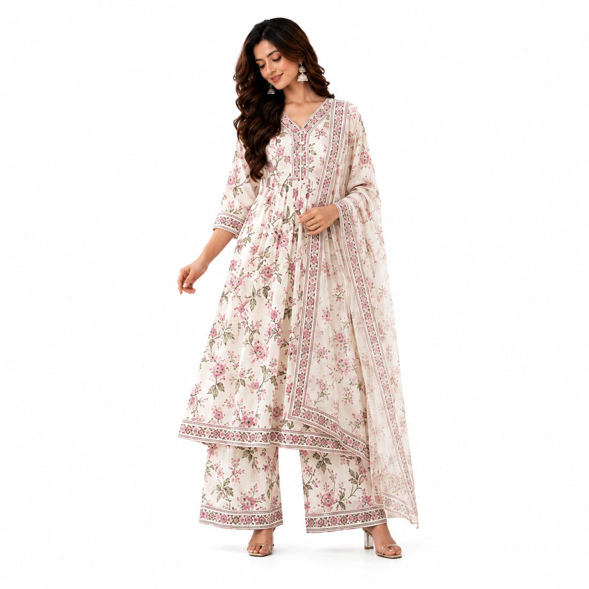 Women’s Floral Printed Anarkali Kurta Set with Palazzo & Dupatta