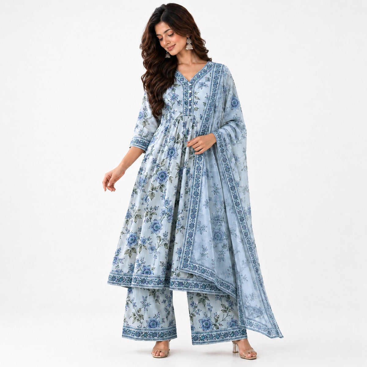 Women’s Floral Printed Anarkali Kurta Set with Palazzo & Dupatta