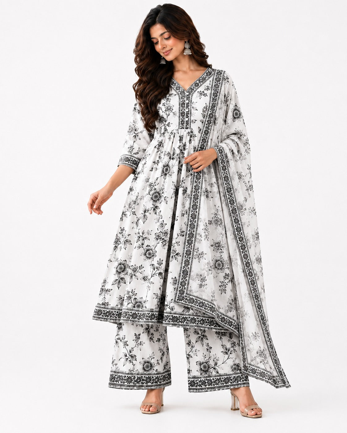 Women’s Floral Printed Anarkali Kurta Set with Palazzo & Dupatta