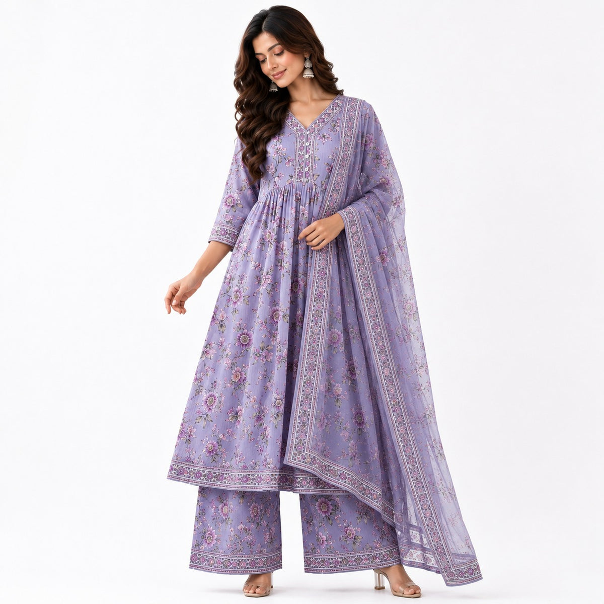Women’s Floral Printed Anarkali Kurta Set with Palazzo & Dupatta