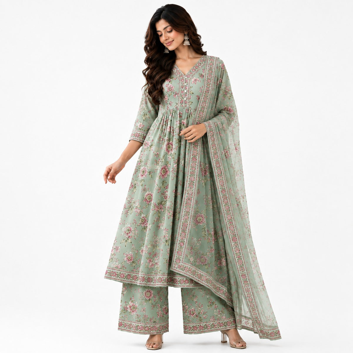 Women’s Floral Printed Anarkali Kurta Set with Palazzo & Dupatta