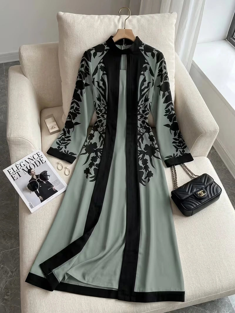 Women's Elegant Floral Print Maxi Dress | Long Sleeve A-Line Party & Evening Dress