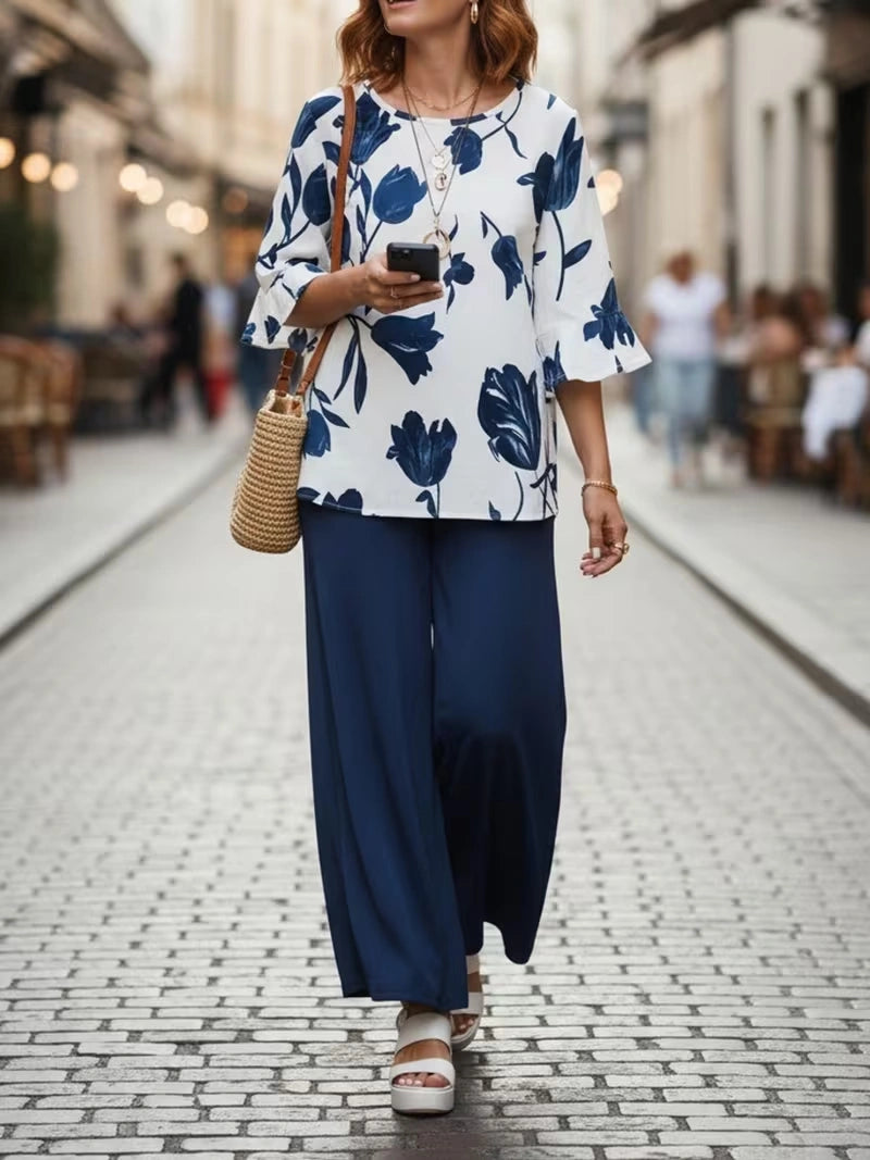 Plus Size Floral Elegance Co-Ord Set with Asymmetrical Tunic & Wide-Leg Pants