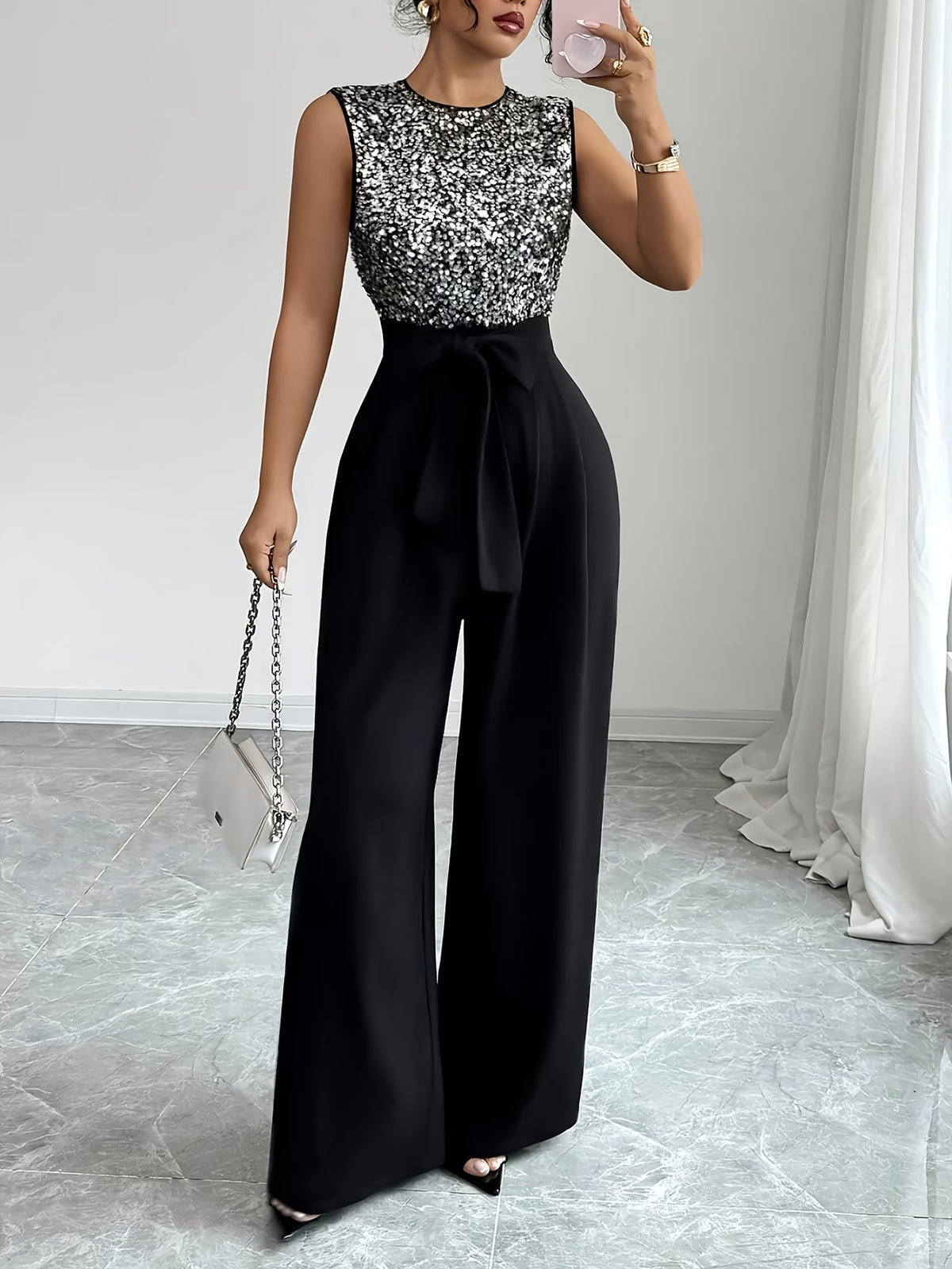 Women’s Black Sequin Wide-Leg Jumpsuit with Waist Bow