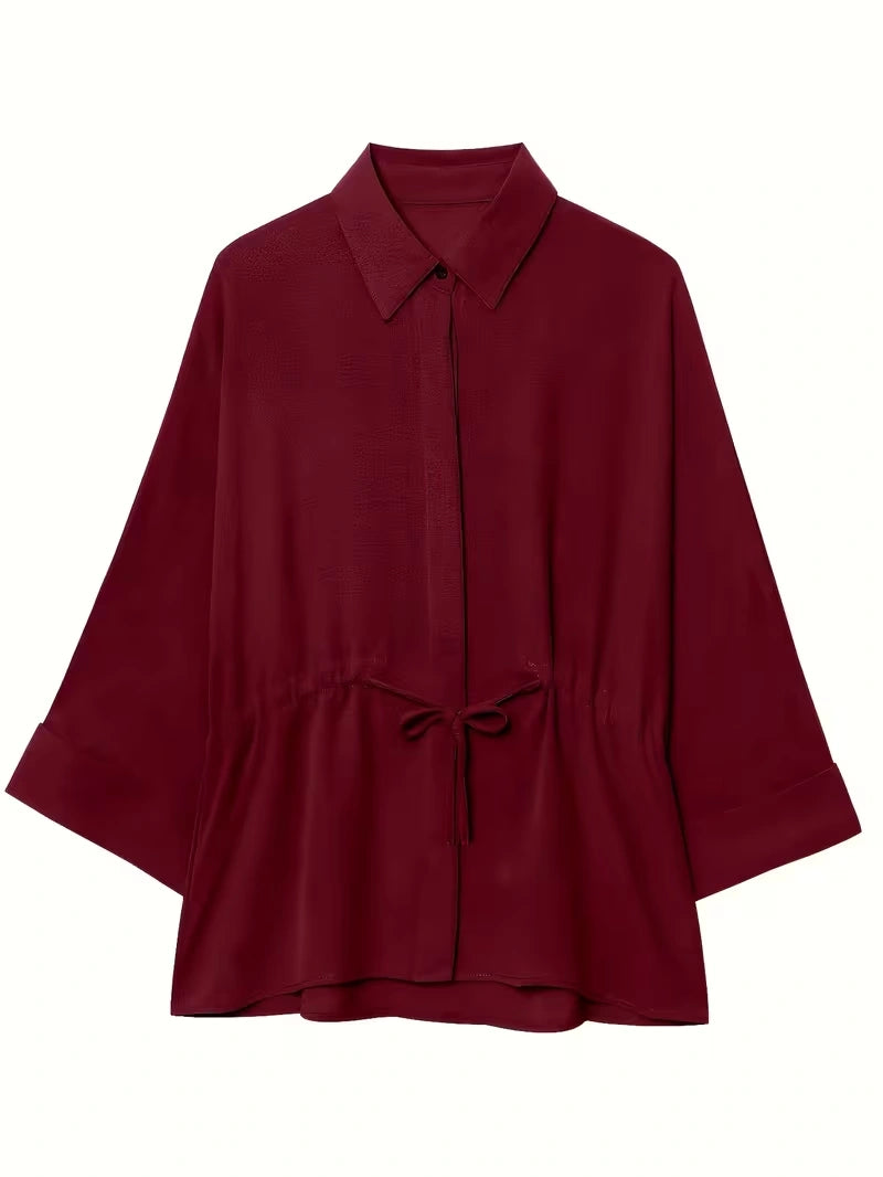 Relaxed Drawstring Co-Ord Set – Lapel Long Sleeve Top & Wide-Leg Pants