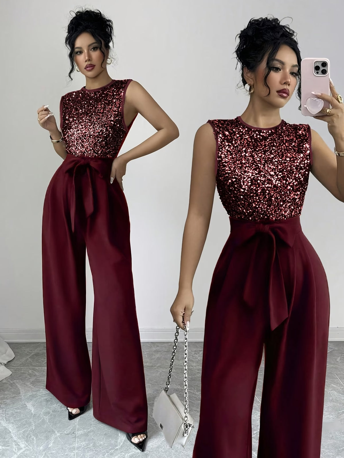 Women’s Maroon Sequin Top & Wide-Leg Palazzo Pants Set