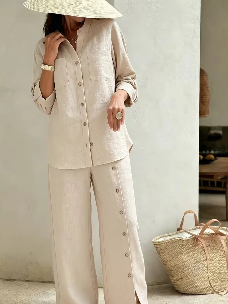 Elegant Lace Back Co-Ord Set – Relaxed Shirt & Wide-Leg Pants for Effortless Style