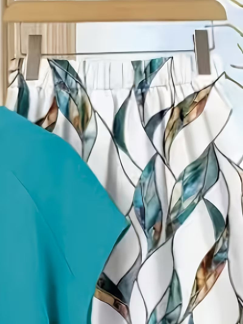 Women's Summer Casual Skirt Co-Ord Set | Solid Top & Printed Skirt 2-Piece Outfit