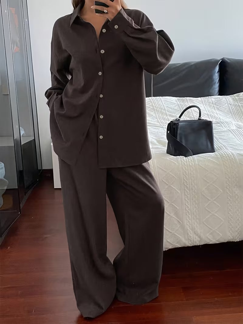 Women's Vintage Artistic Loose Shirt & High-Waist Wide-Leg Pants Co-Ord Set