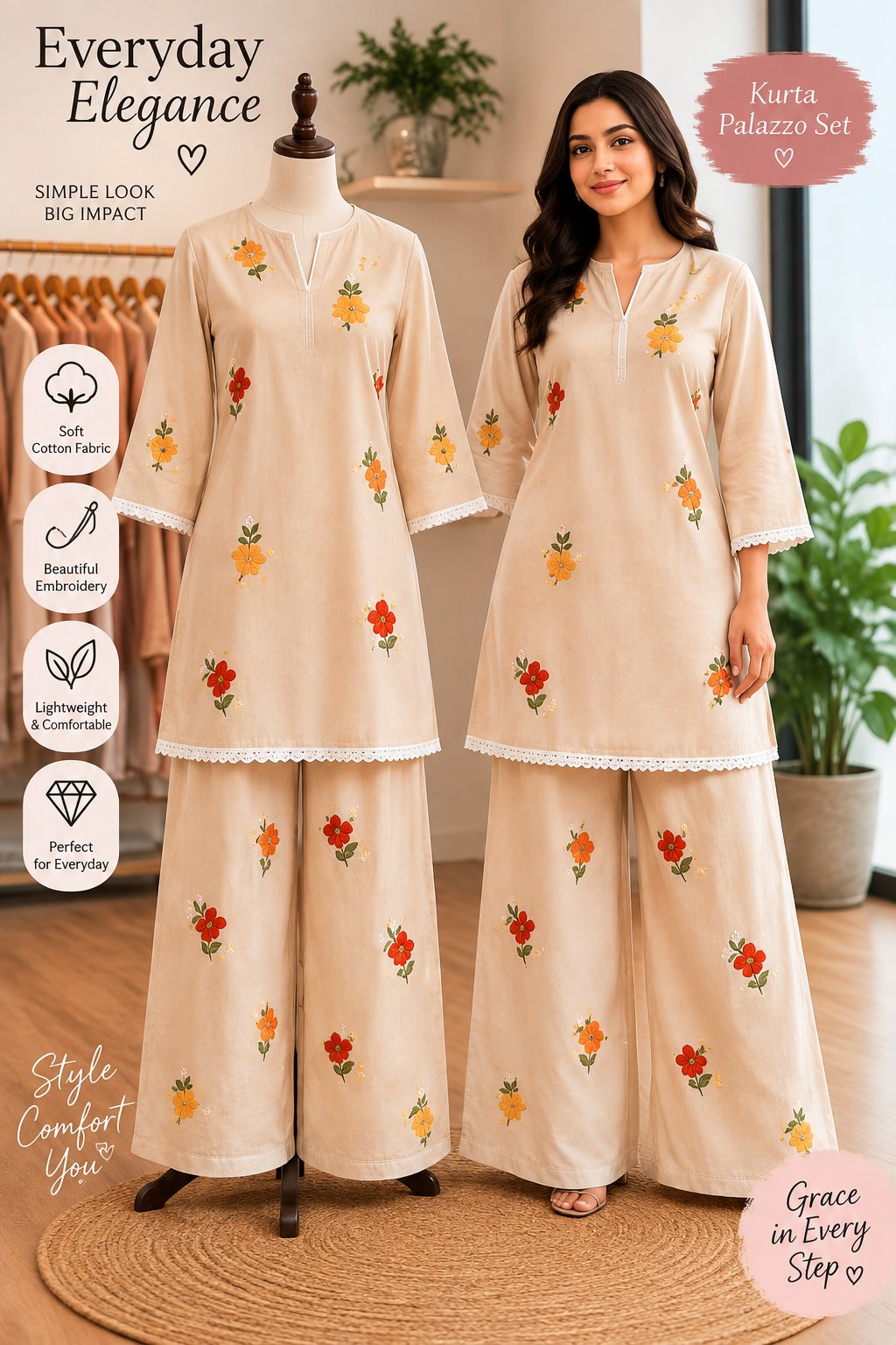 Stylish Floral Printed Kurta with Palazzo Set for Women