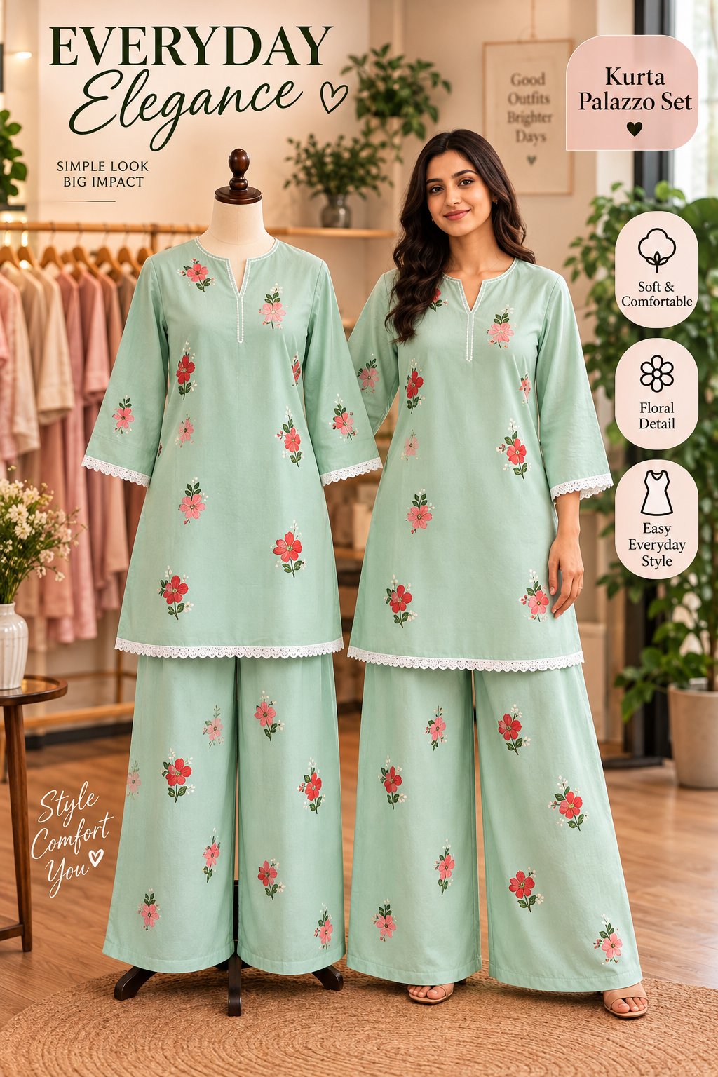 Stylish Floral Printed Kurta with Palazzo Set for Women