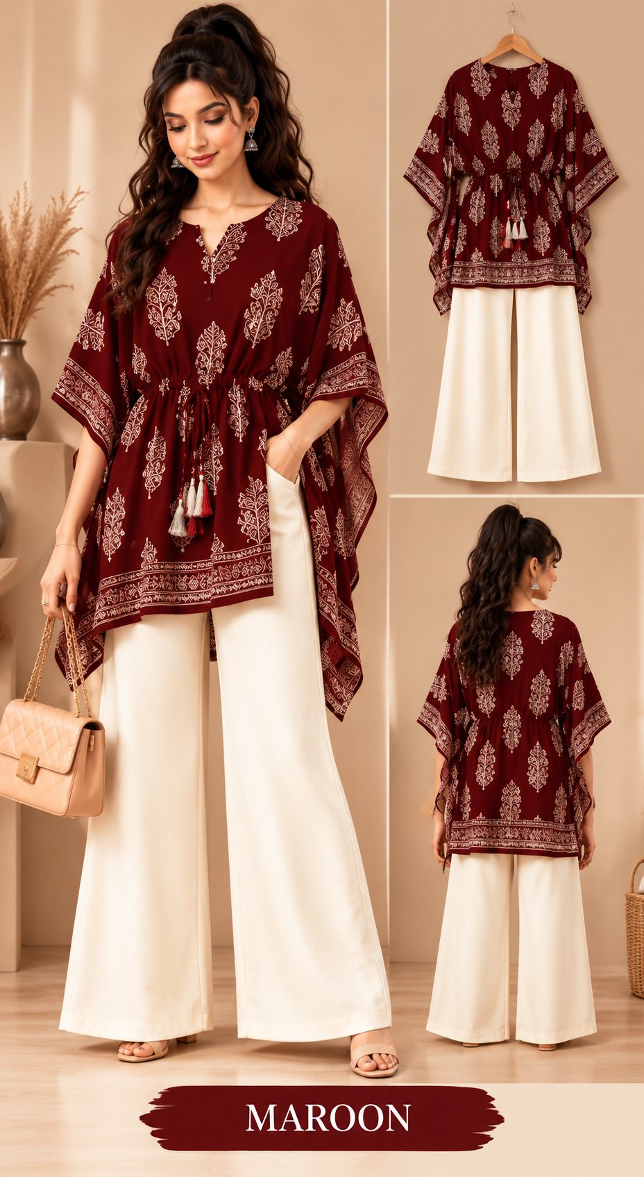 Beige Bloom Printed Kaftan Kurta Palazzo Set for Women
