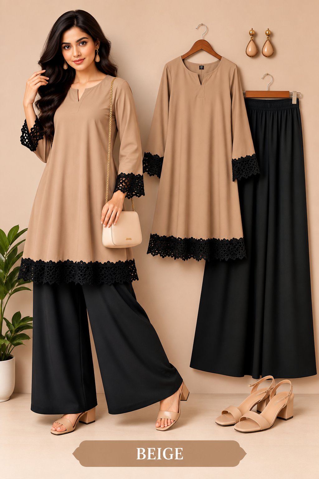 Elegant Lace Detail Kurta Palazzo Set for Women