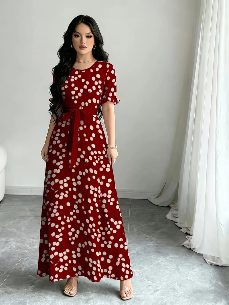 Women's Timeless Polka Dot Midi Dress – Puff Sleeve Belted Fit & Flare Dress