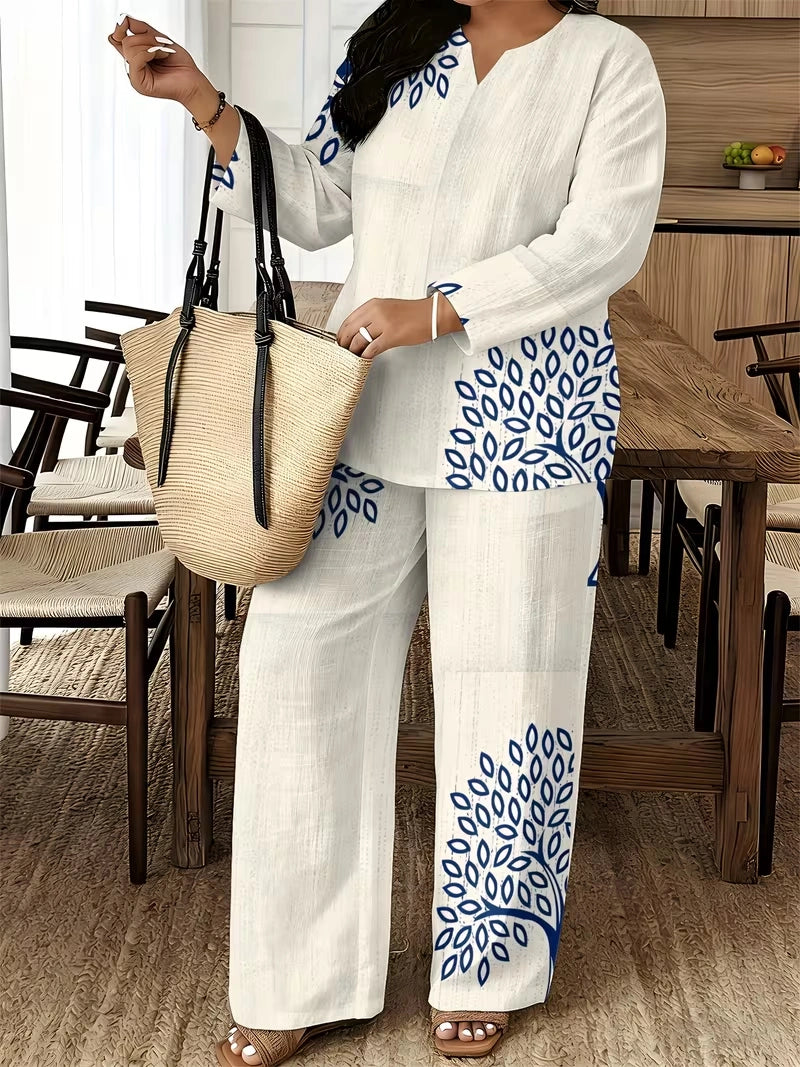 Women's Ethnic Leaf Print Boho Co-Ord Set – Long Sleeve Top & Wide-Leg Pants (2-Piece)