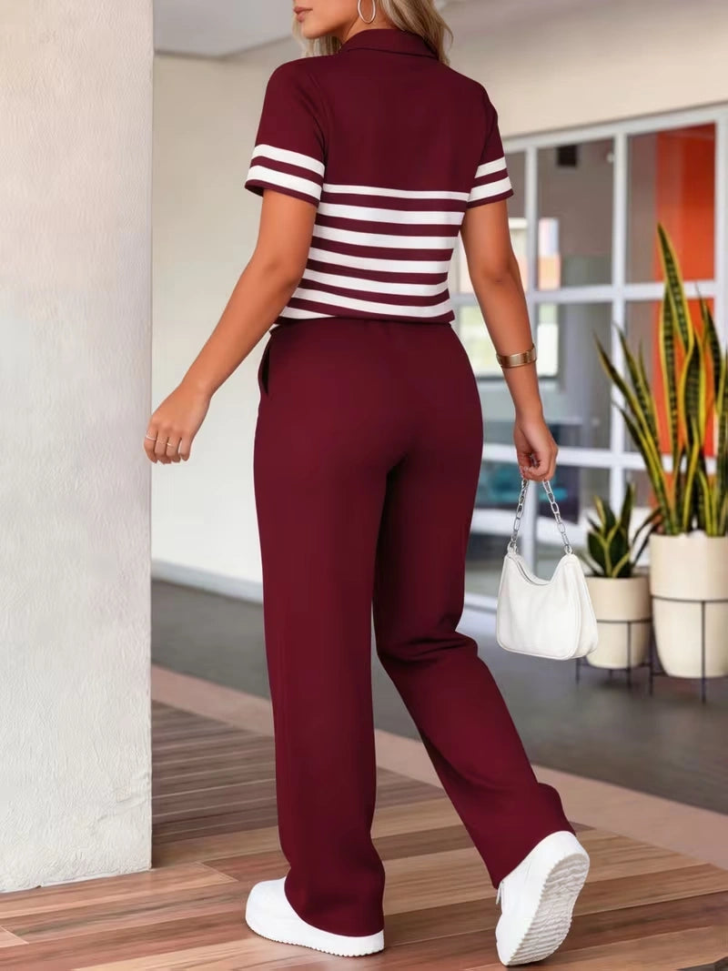Women's Summer Striped Casual Co-Ord Set | Half-Zip Polo Top & Wide-Leg Pants 2-Piece Outfit