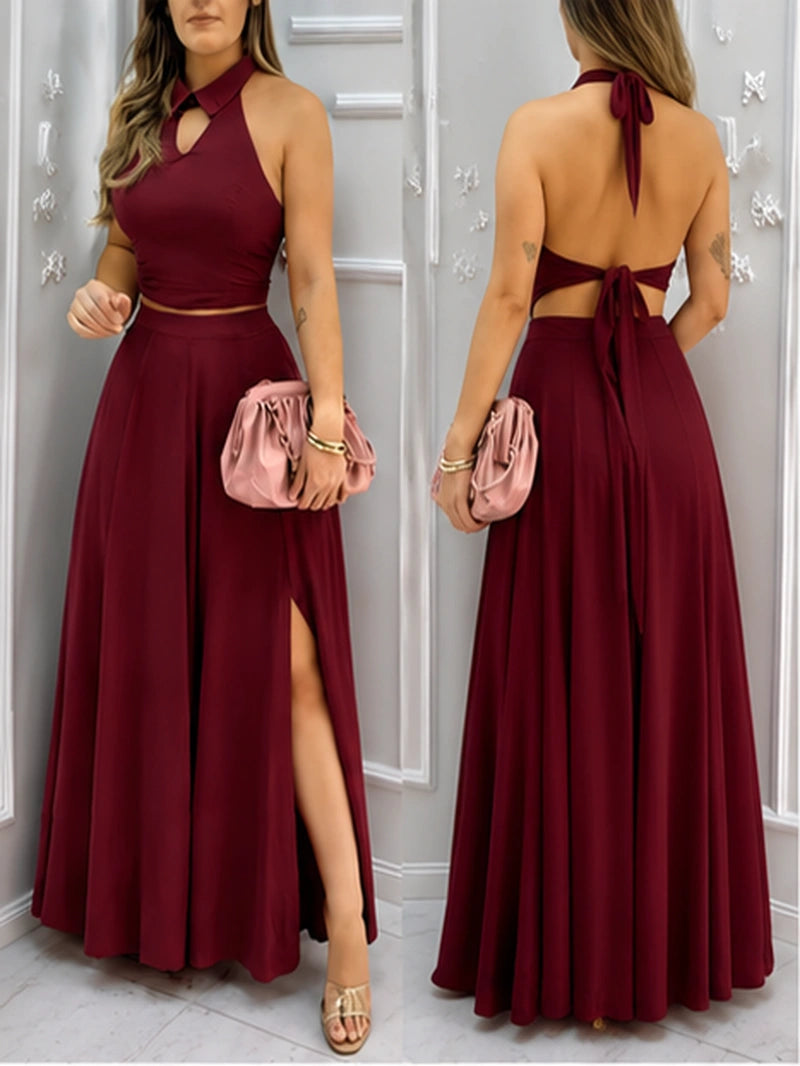 Elegant Halter Neck Co-Ord Skirt Set – Backless Crop Top & High-Slit Maxi Skirt