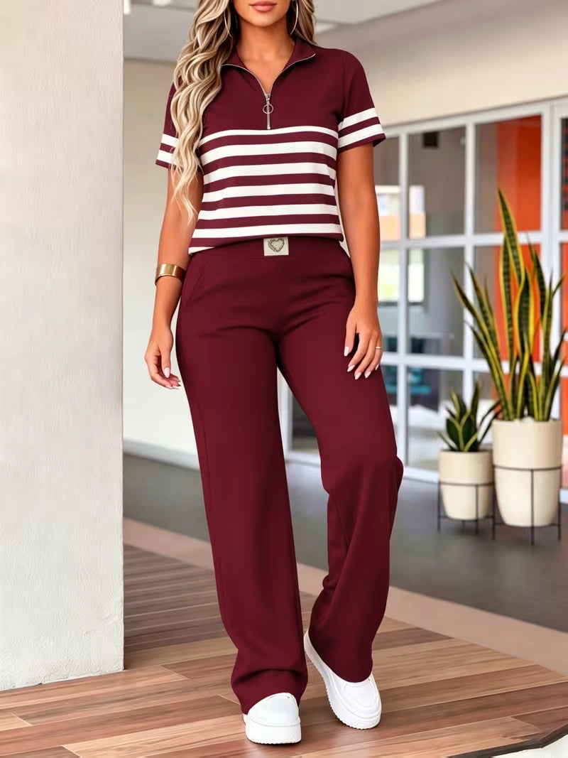 Women's Summer Striped Casual Co-Ord Set | Half-Zip Polo Top & Wide-Leg Pants 2-Piece Outfit