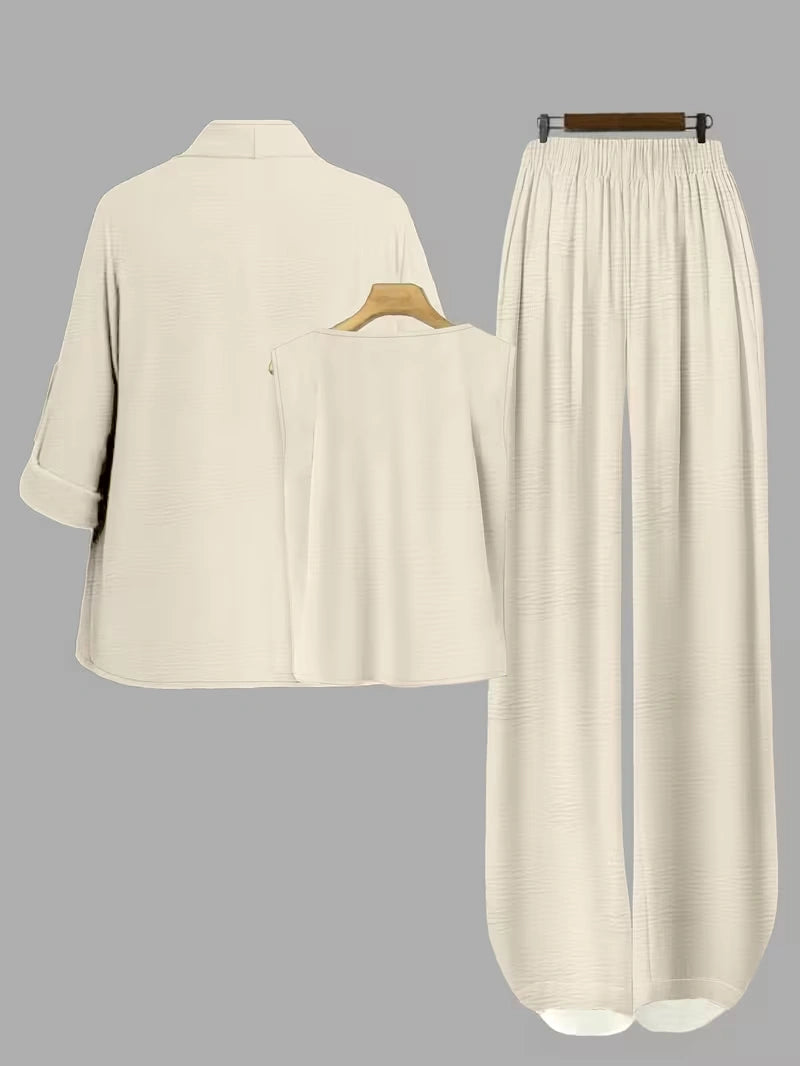 Elegant 3-Piece Co-Ord Set – Cardigan Jacket, Sleeveless Top & Relaxed Pants
