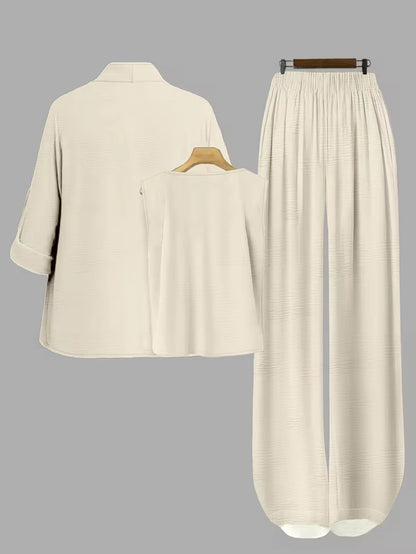Elegant 3-Piece Co-Ord Set – Cardigan Jacket, Sleeveless Top & Relaxed Pants