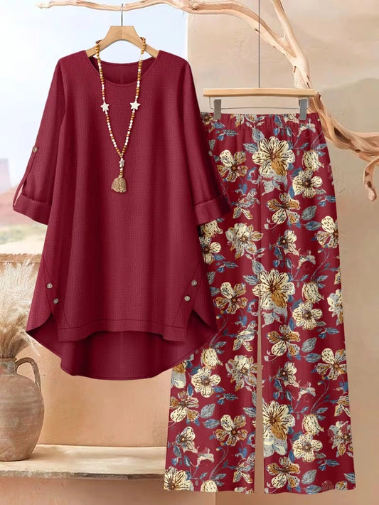 Plus Size Floral Elegance Co-Ord Set with Asymmetrical Tunic & Wide-Leg Pants