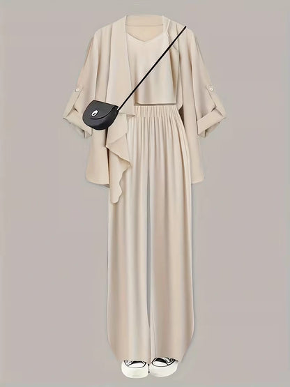 Elegant 3-Piece Co-Ord Set – Cardigan Jacket, Sleeveless Top & Relaxed Pants