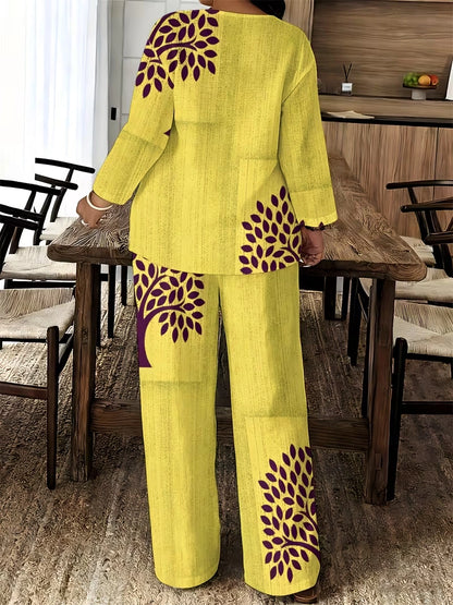 Women's Ethnic Leaf Print Boho Co-Ord Set – Long Sleeve Top & Wide-Leg Pants (2-Piece)