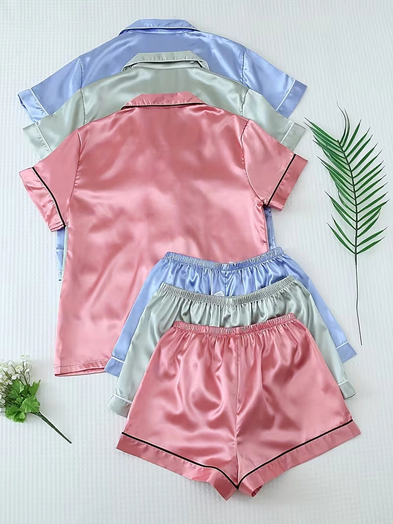 Women's 3-Piece Satin Pajama Set with Button-Up Shirt & Relaxed Shorts