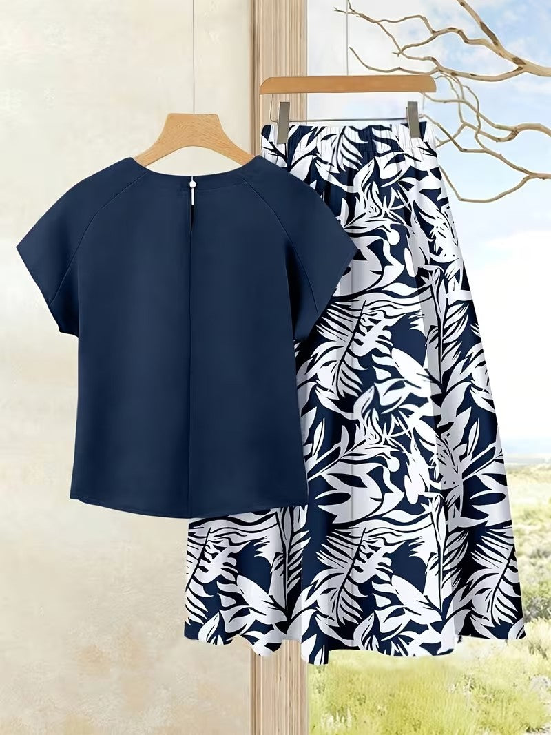 Women's Summer Casual Skirt Co-Ord Set | Solid Top & Printed Skirt 2-Piece Outfit