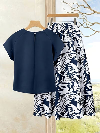 Women's Summer Casual Skirt Co-Ord Set | Solid Top & Printed Skirt 2-Piece Outfit