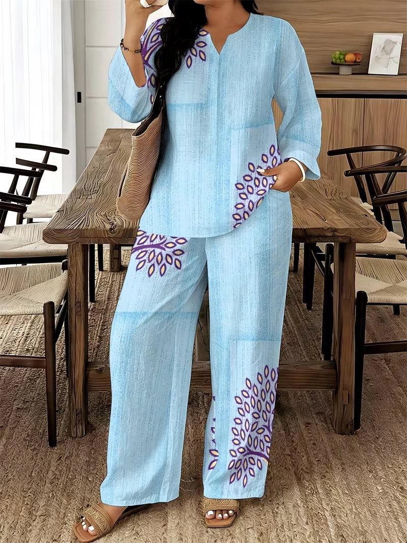 Women's Ethnic Leaf Print Boho Co-Ord Set – Long Sleeve Top & Wide-Leg Pants (2-Piece)