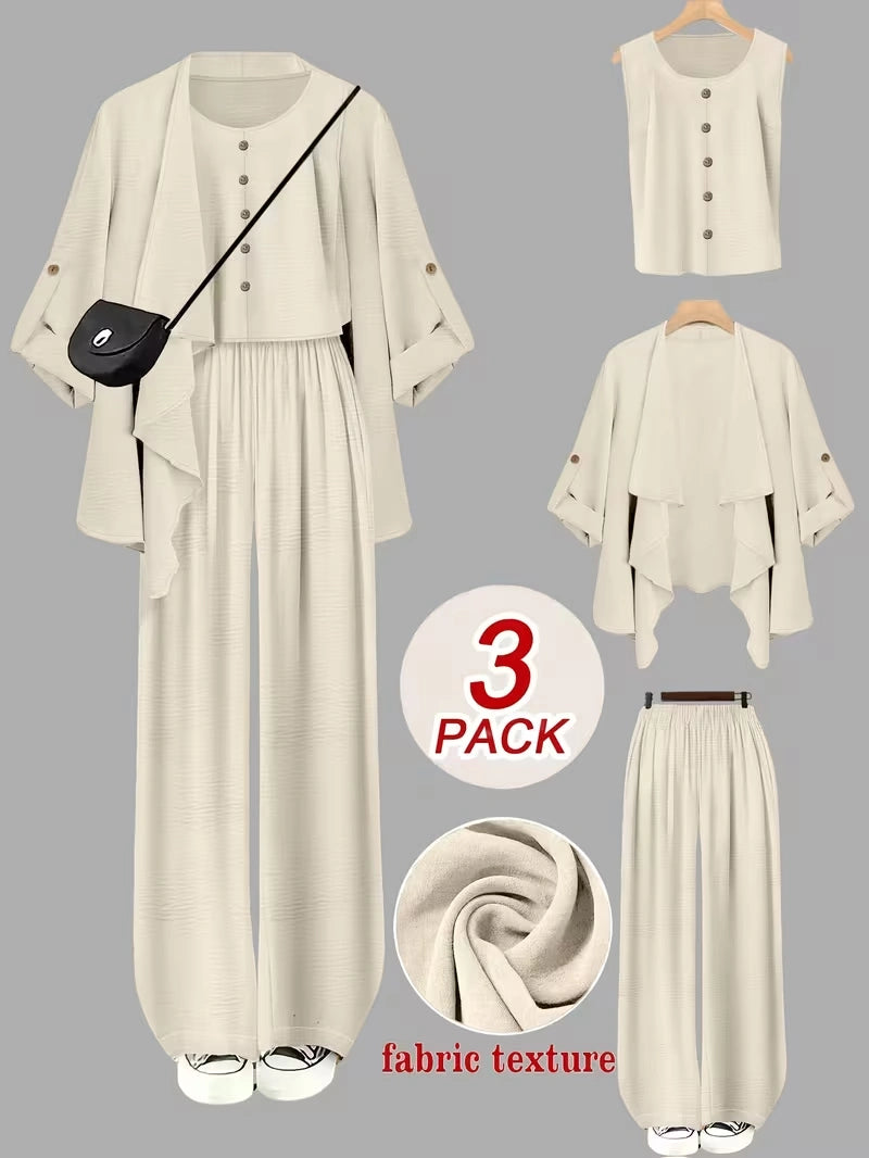 Elegant 3-Piece Co-Ord Set – Cardigan Jacket, Sleeveless Top & Relaxed Pants