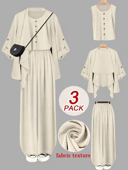 Elegant 3-Piece Co-Ord Set – Cardigan Jacket, Sleeveless Top & Relaxed Pants