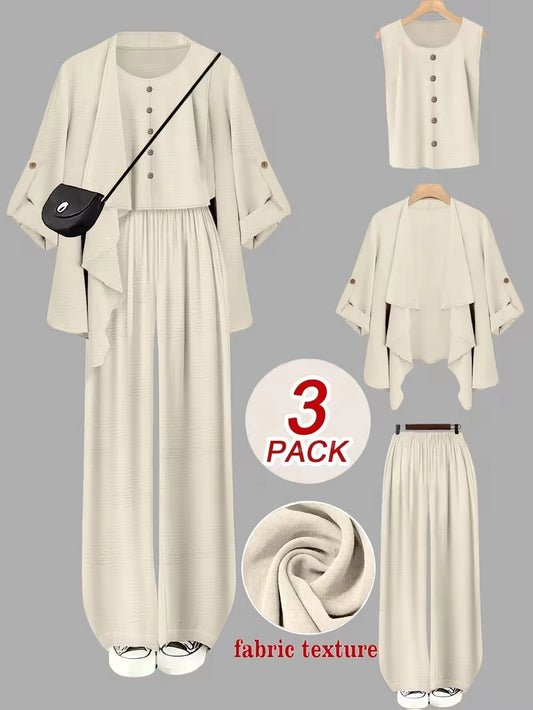 Elegant 3-Piece Co-Ord Set – Cardigan Jacket, Sleeveless Top & Relaxed Pants