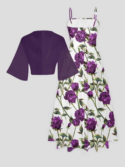 Elegant Women's Vintage Artistic Floral Print Dress Set